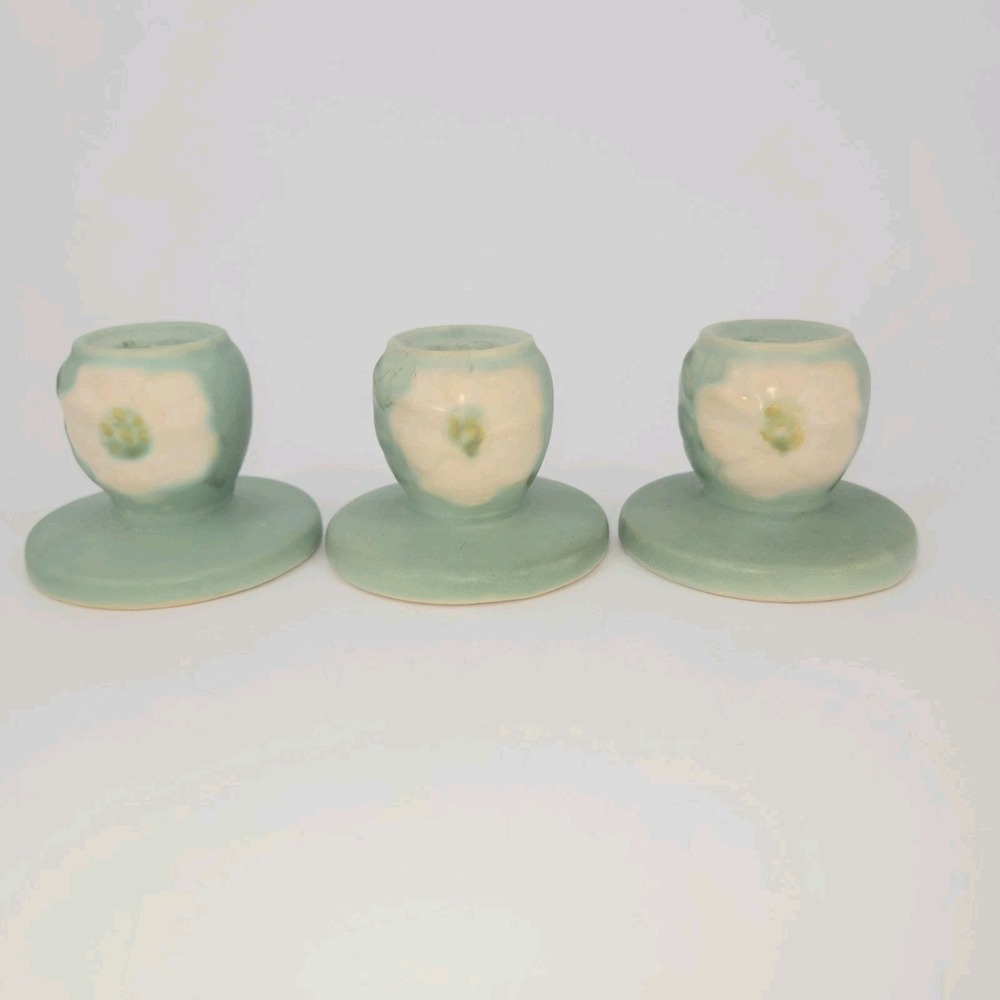 Weller Pottery Wild Rose Green Candle Holders Set of 3 1930s USA Vintage Cottage